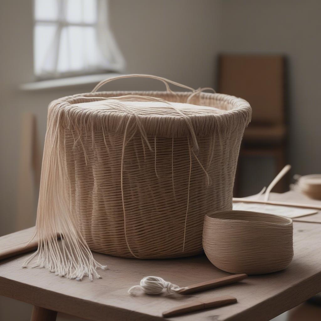 Setting up a laundry basket as a weaving loom