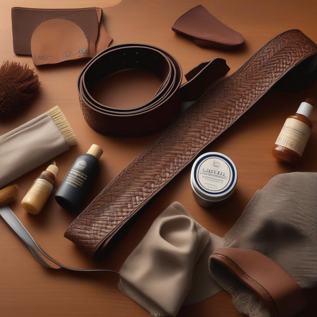 An assortment of leather care products arranged next to a basket weave belt, highlighting the importance of proper maintenance.