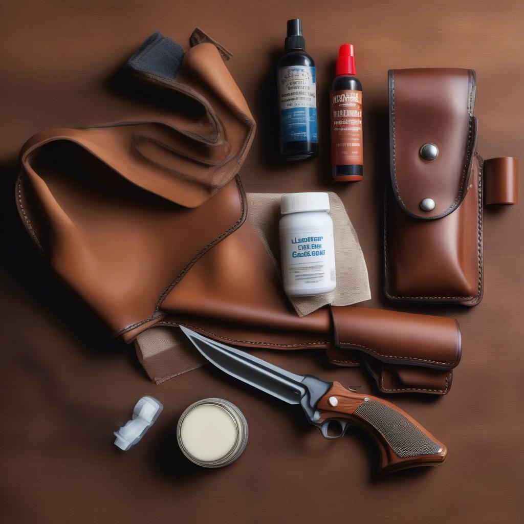 Essential leather care products like cleaner, conditioner, and a soft cloth for maintaining a swivel basket weave holster.