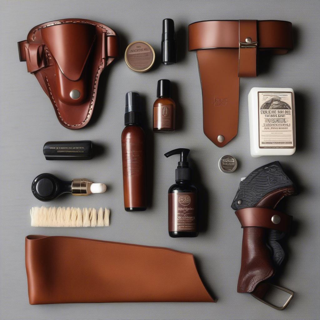 Leather care products for cleaning and conditioning basket weave holsters.