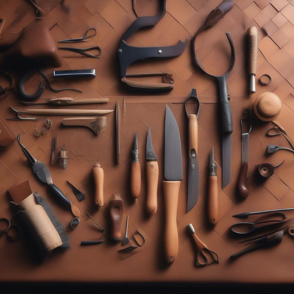 An assortment of leatherworking tools used in creating basket weave patterns, including swivel knives, stamps, and bevelers.