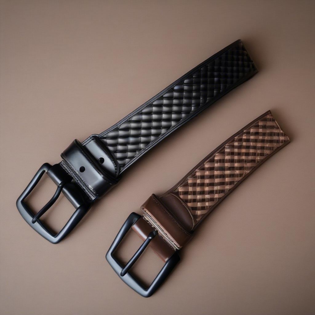 Side-by-side comparison of a leather and a nylon 2-inch basket weave duty belt