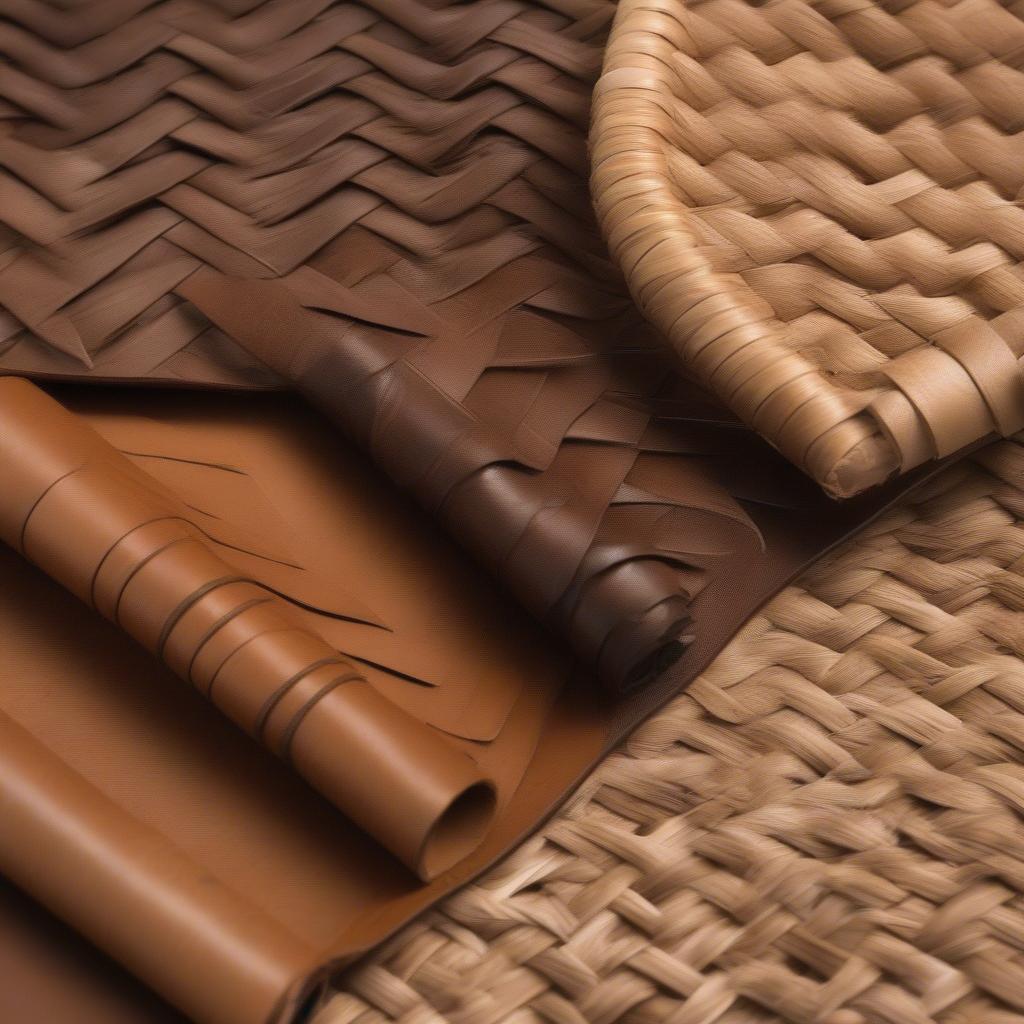 Comparison of leather, wicker, and rattan materials for basket weave applications, highlighting their textures and suitability for different purposes.