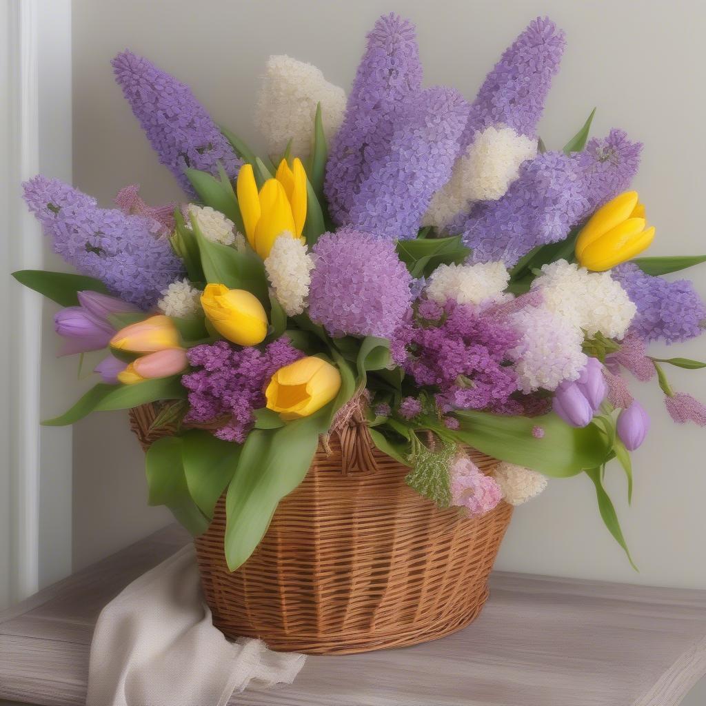 Lilac Wicker Basket Filled with Spring Flowers