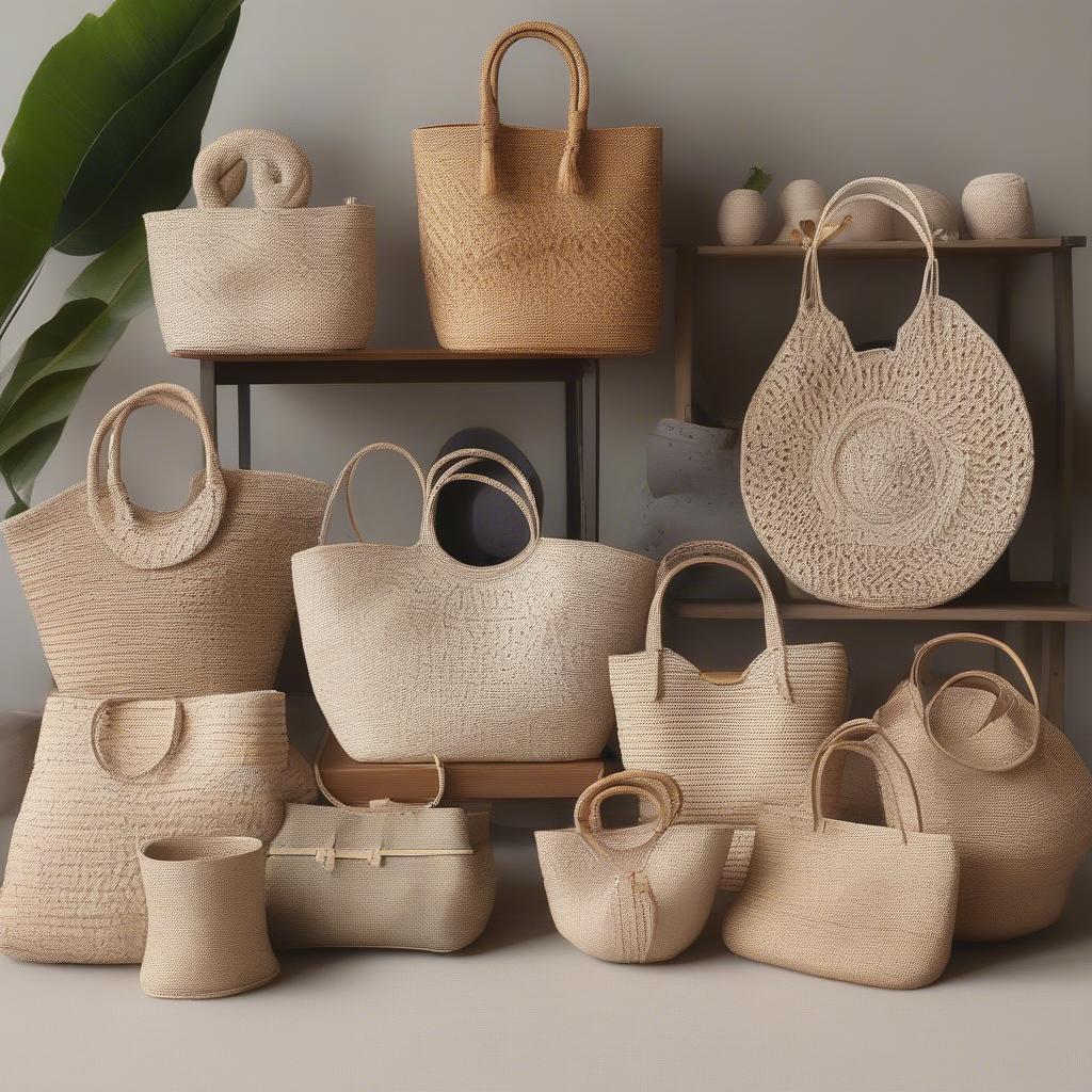 Different styles of lilihana woven straw bags including tote, crossbody, and clutch