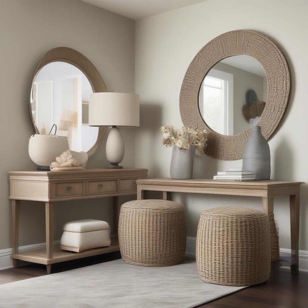 Small Oatmeal Linen Basket Weave Ottoman in an Entryway