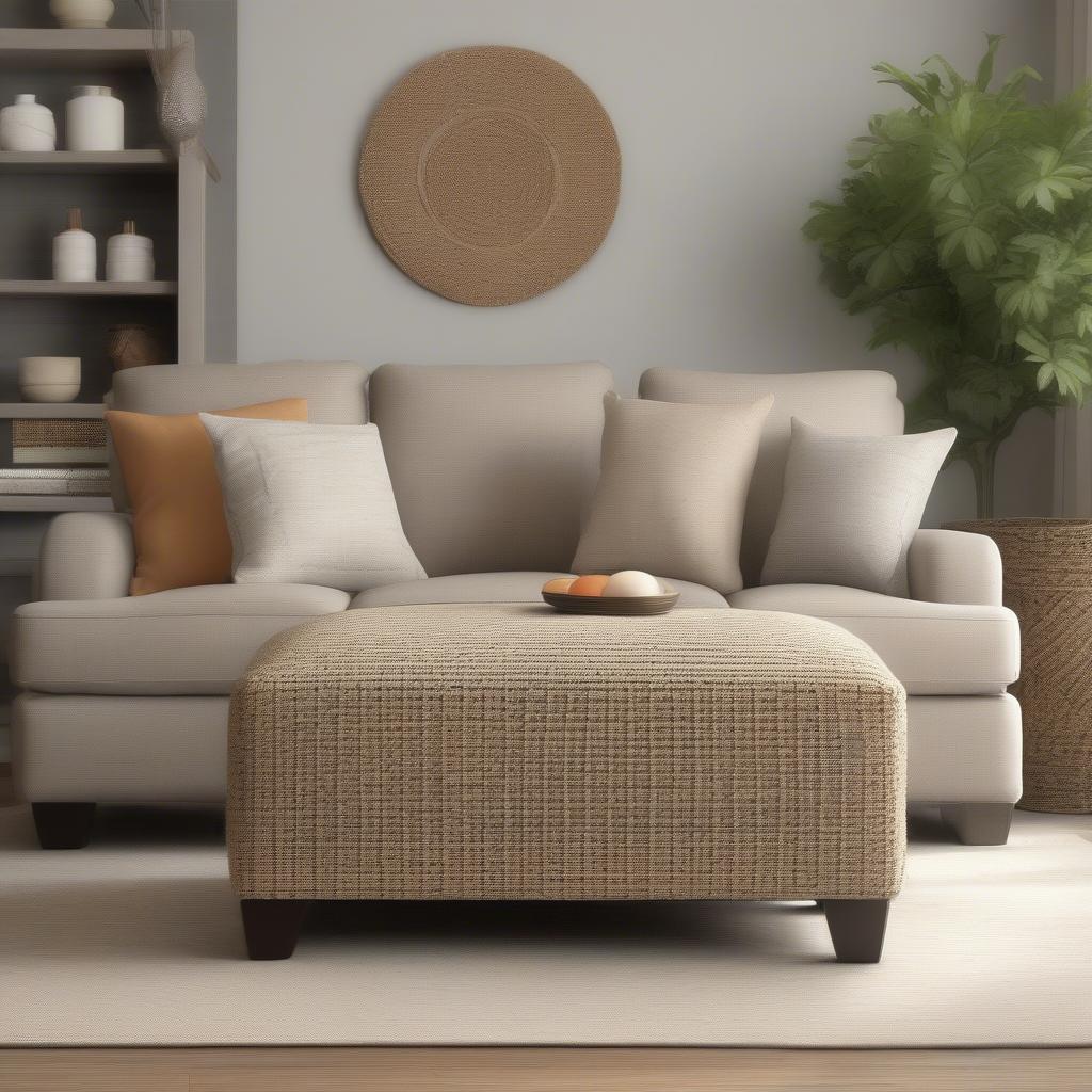 Small Oatmeal Linen Basket Weave Ottoman in a Living Room