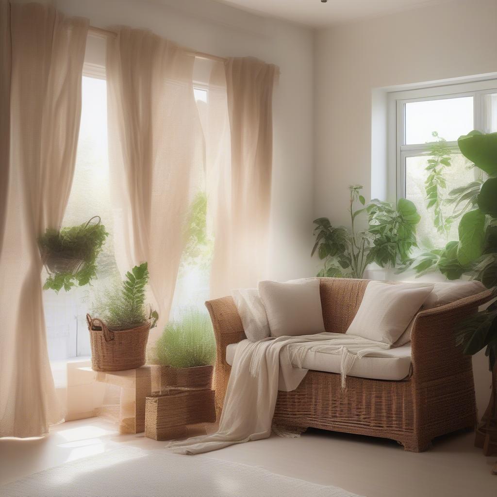 Linen Curtains Complementing a Wicker Basket