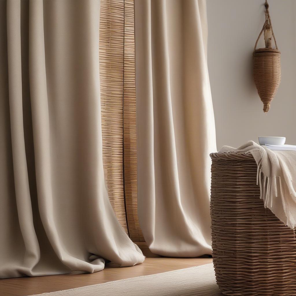 A living room styled with basket weave linen drapery and natural elements