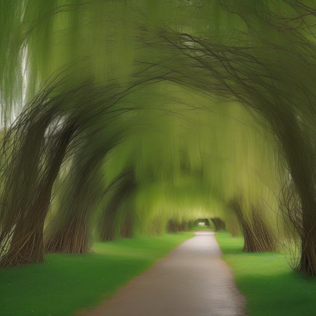 A living willow tunnel in a garden.