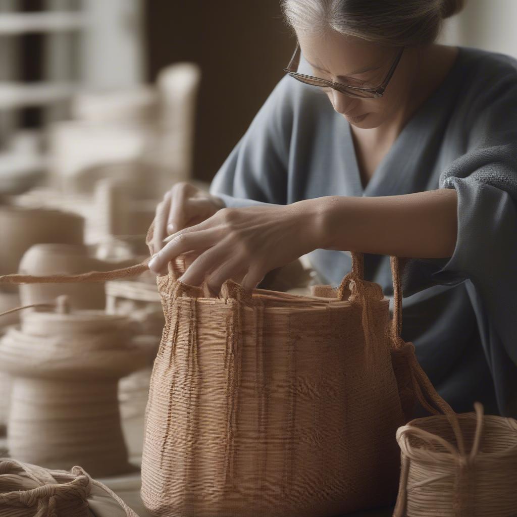 A Loewe artisan meticulously weaving a basket bag, demonstrating the intricate handcrafting process.