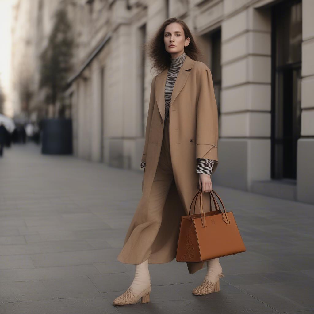 A woman stylishly carrying a Loewe woven basket bag in brown while walking down a city street.