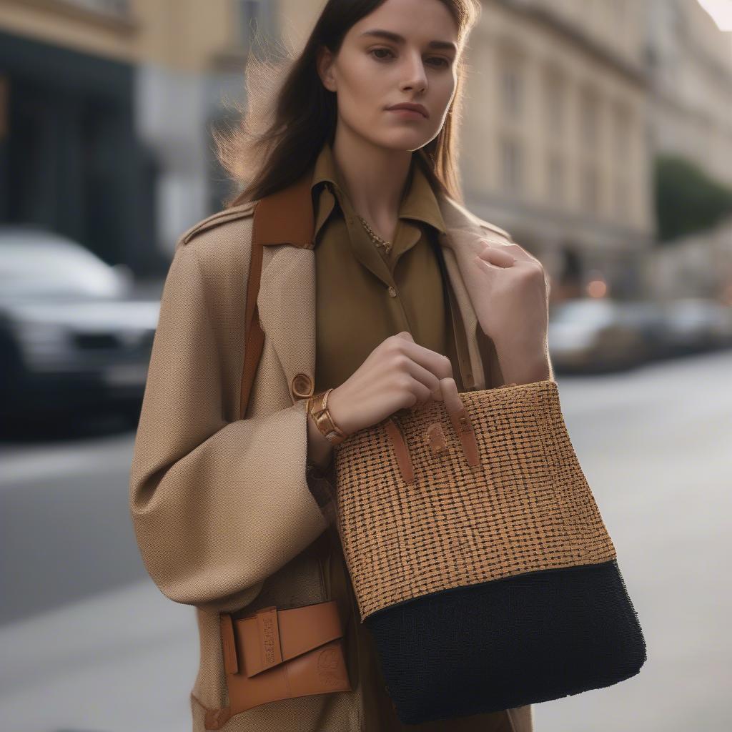 A woman stylishly carrying a Loewe woven raffia bag as part of a chic, everyday outfit.