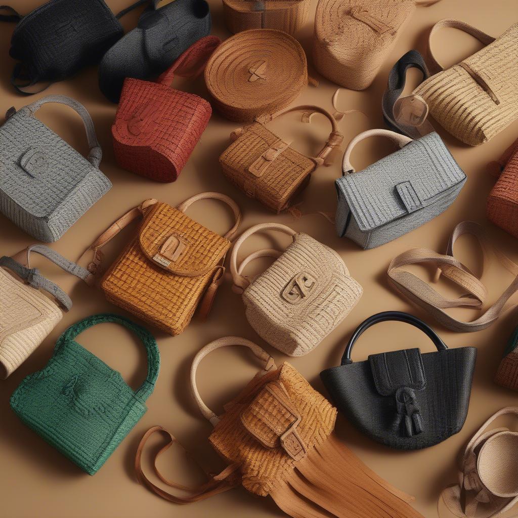 A collection of different styles and colors of Loewe woven raffia bags.