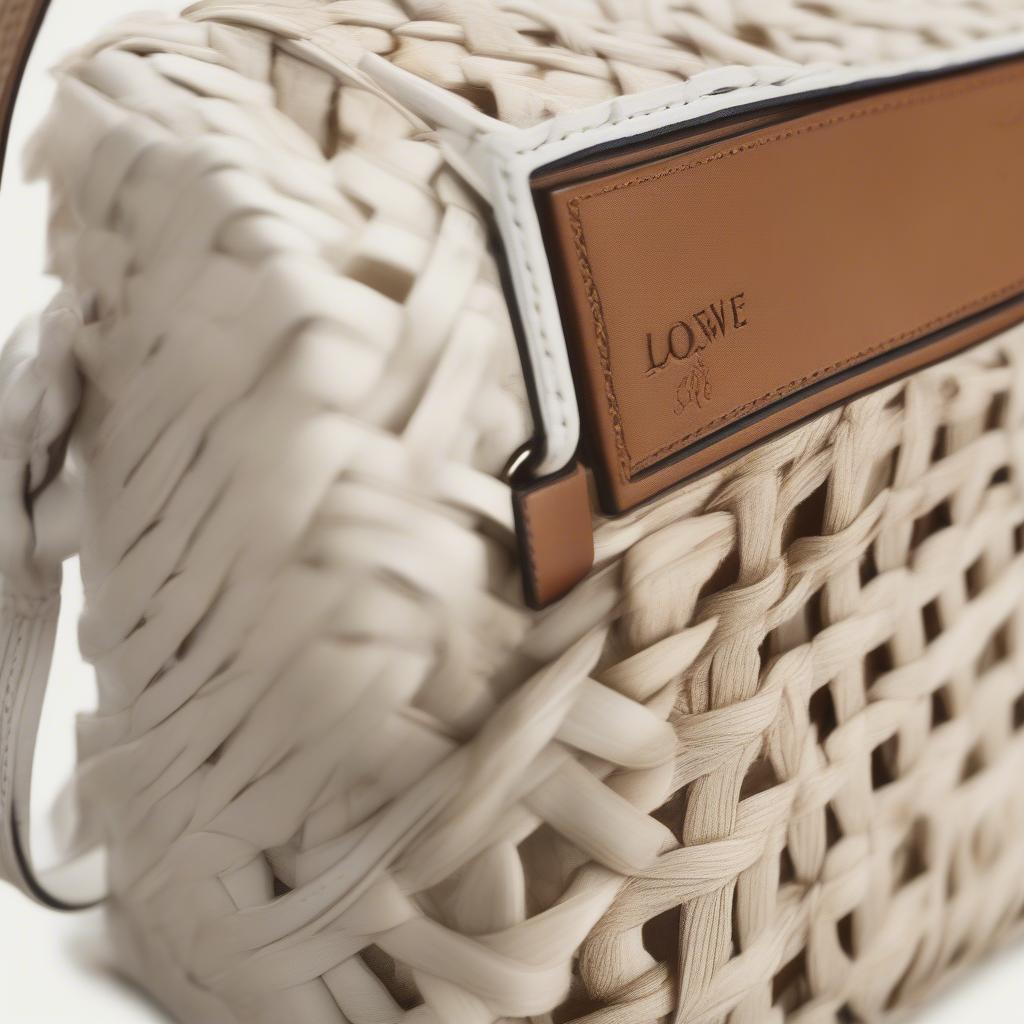 Close-up of the Loewe woven bag in white, showcasing the intricate raffia weave and leather details