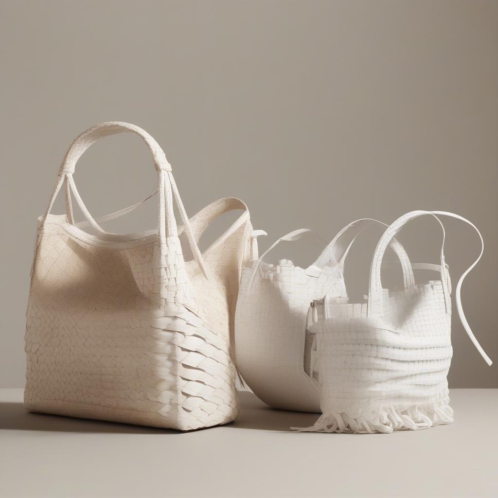 Different styles of the Loewe woven bag in white, including the tote, basket, and bucket bag variations.