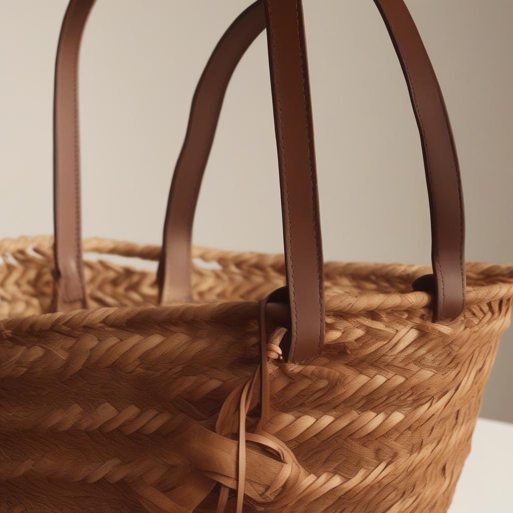 Close-up of a Loewe woven basket bag in brown, showcasing the intricate craftsmanship and natural fiber texture.