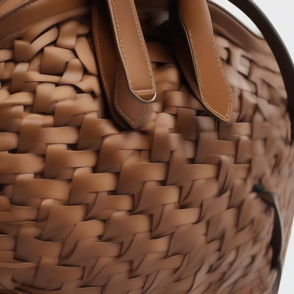 Detailed view of the woven pattern and leather accents on a Loewe basket bag in brown.