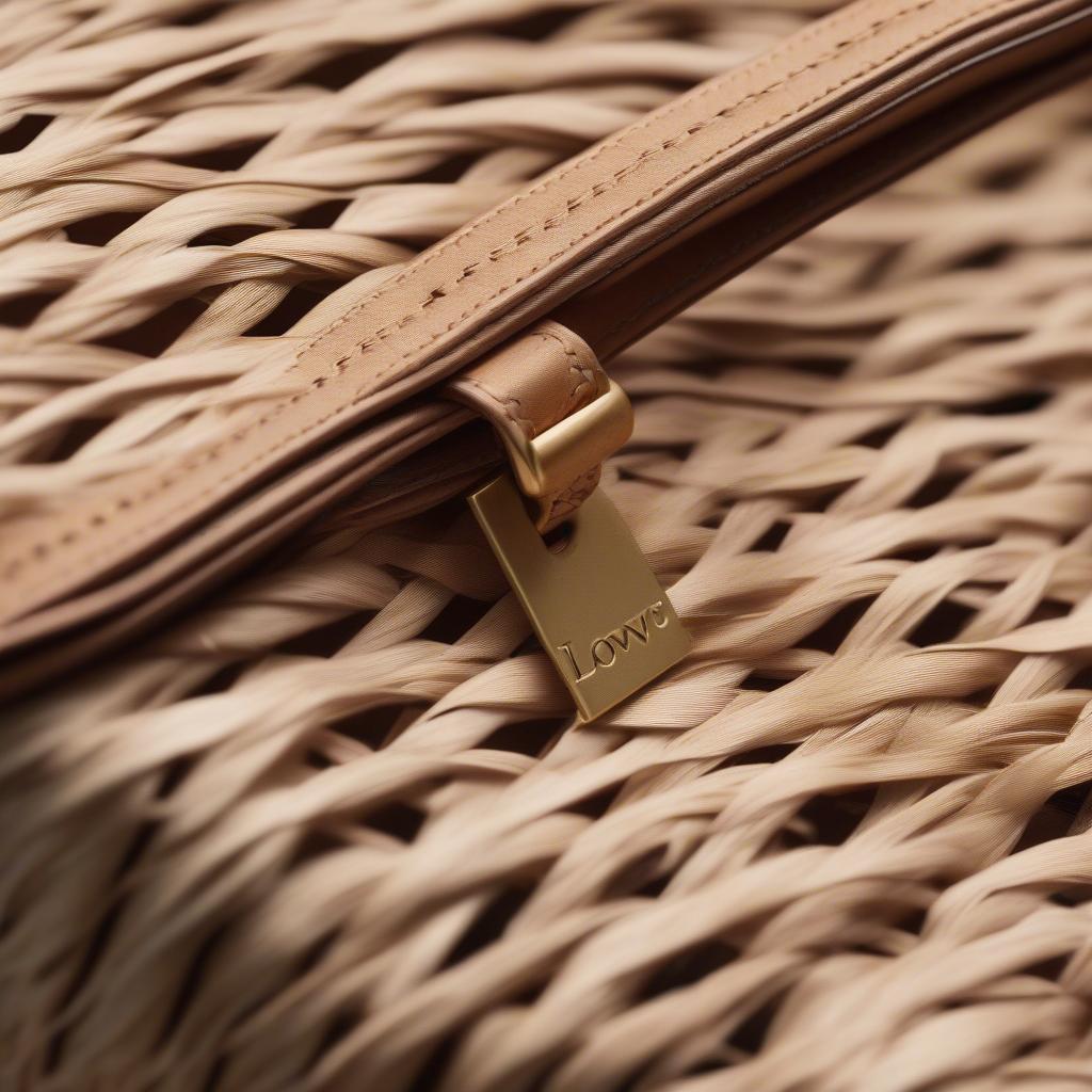 Close-up view of a Loewe woven raffia bag, showcasing the intricate weaving and natural texture of the raffia material.