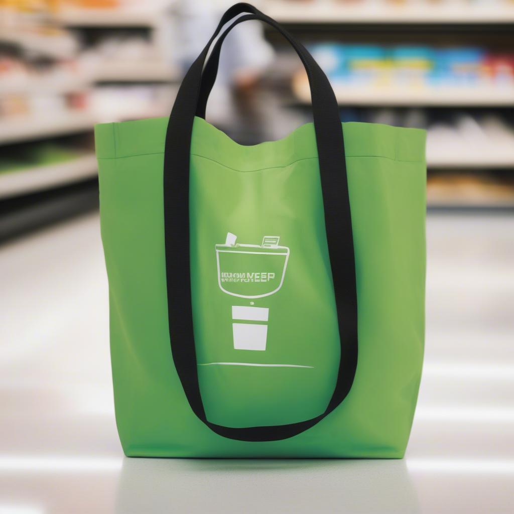 A person using a logo small non-woven grocery tote bag at a grocery store.