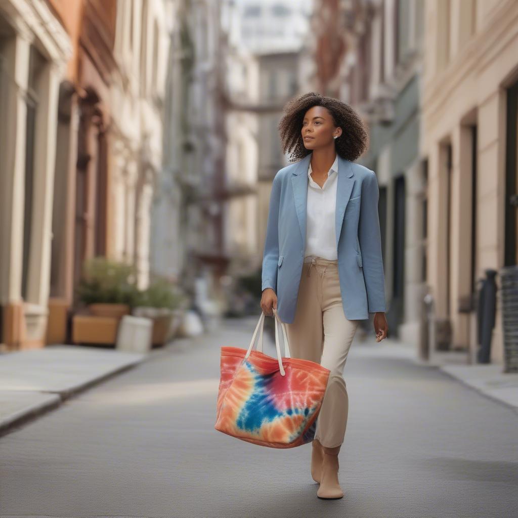 Woman carrying a Longchamp tie-dye woven market bag on her shoulder