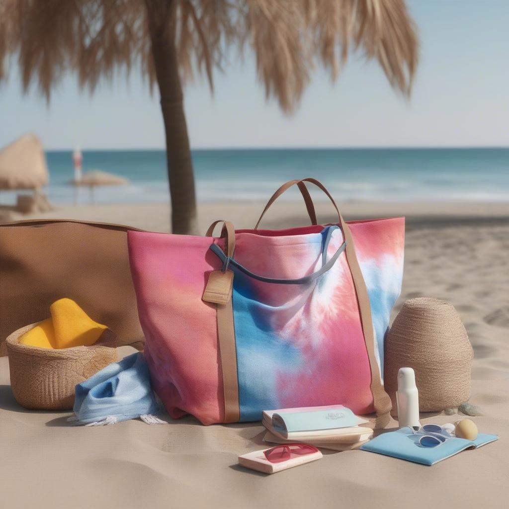 Longchamp tie-dye woven market bag with beach accessories like a towel, sunglasses, and a book.