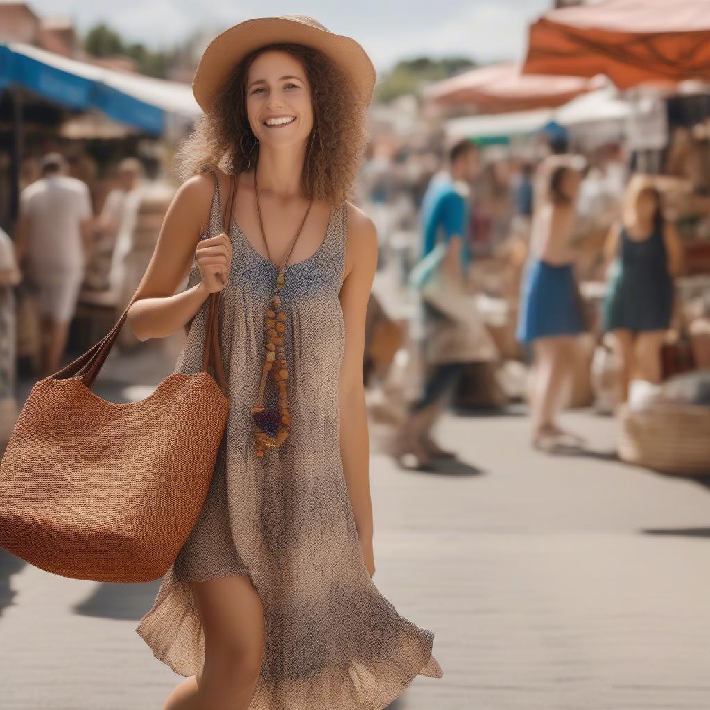 A woman wearing a summer dress and sandals, carrying a Lourmarin woven hobo bag.