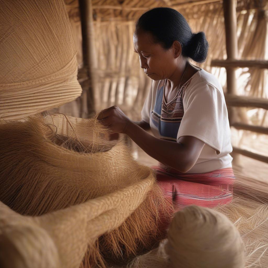 Artisan Weaving a Raffia Bag in Madagascar