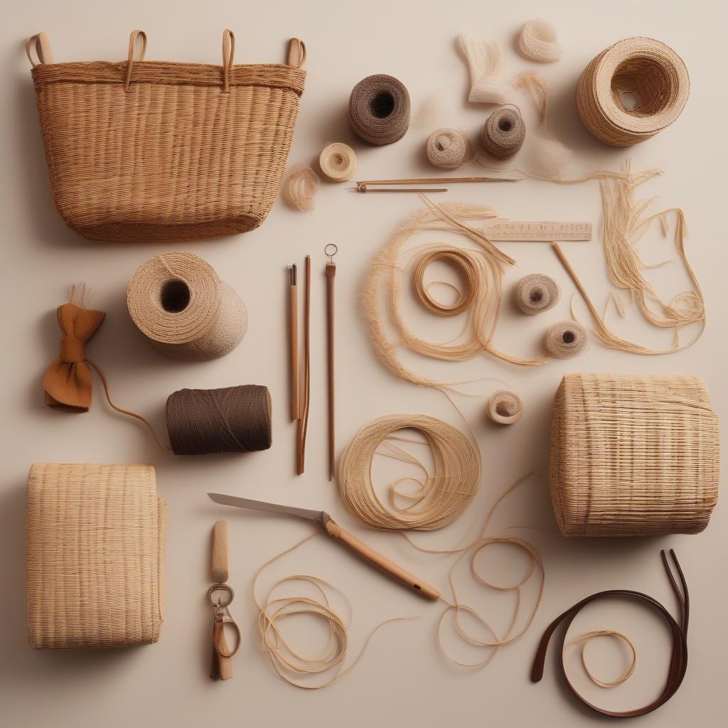 Display of various natural materials used in crafting Madewell woven crossbody bags, including wicker and rattan.