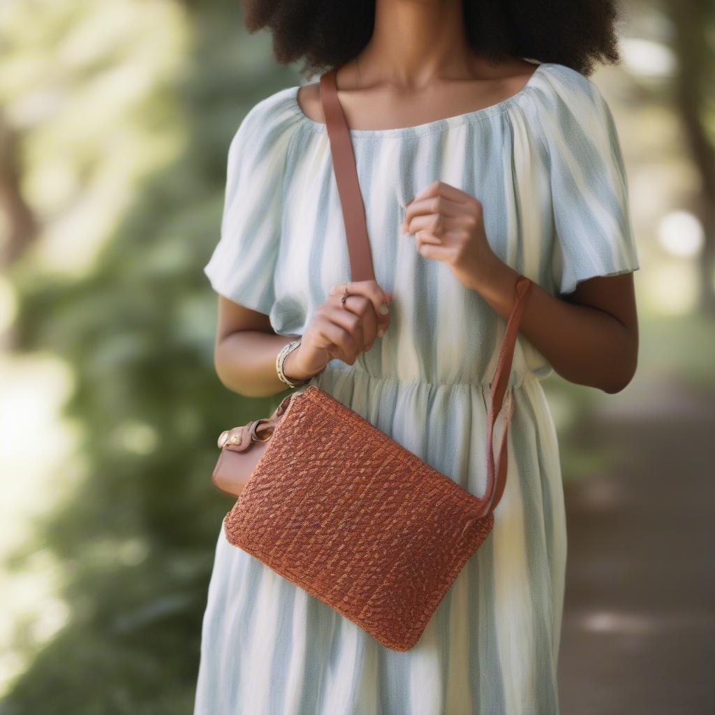 A woman wearing a Madewell woven crossbody bag with a summer dress, showcasing how to style the bag for different occasions.