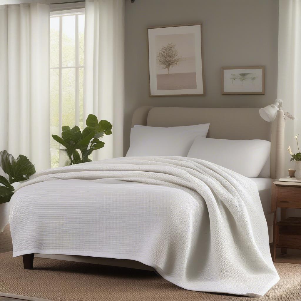 Madison Park Fresh Sun Basket Weave Cotton Blanket draped on a bed