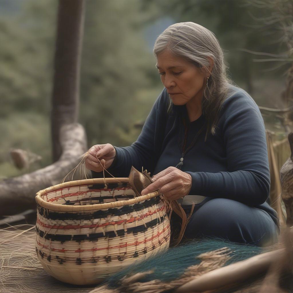 Madonna Basket Weaver Demonstrating Traditional Weaving Techniques in Smith River