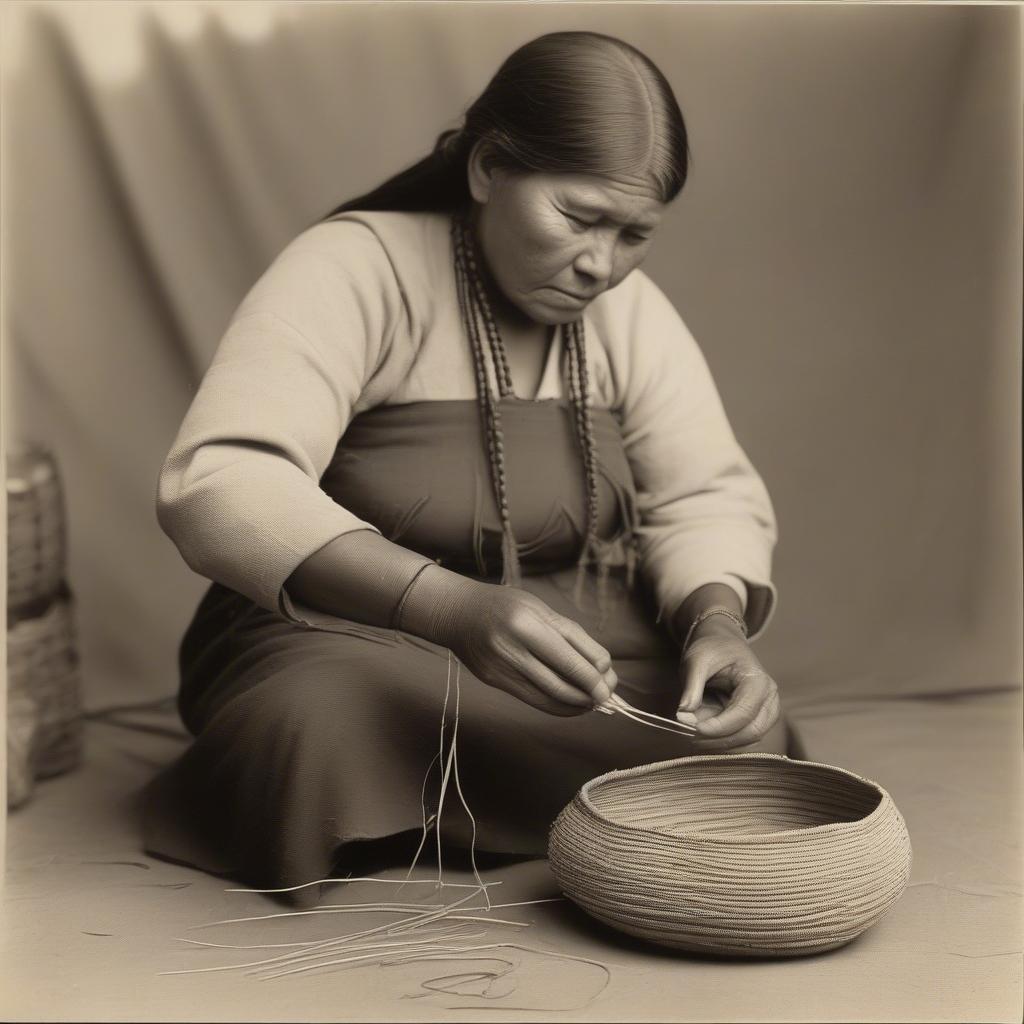 Maidu Woman Demonstrating Traditional Basket Weaving Techniques