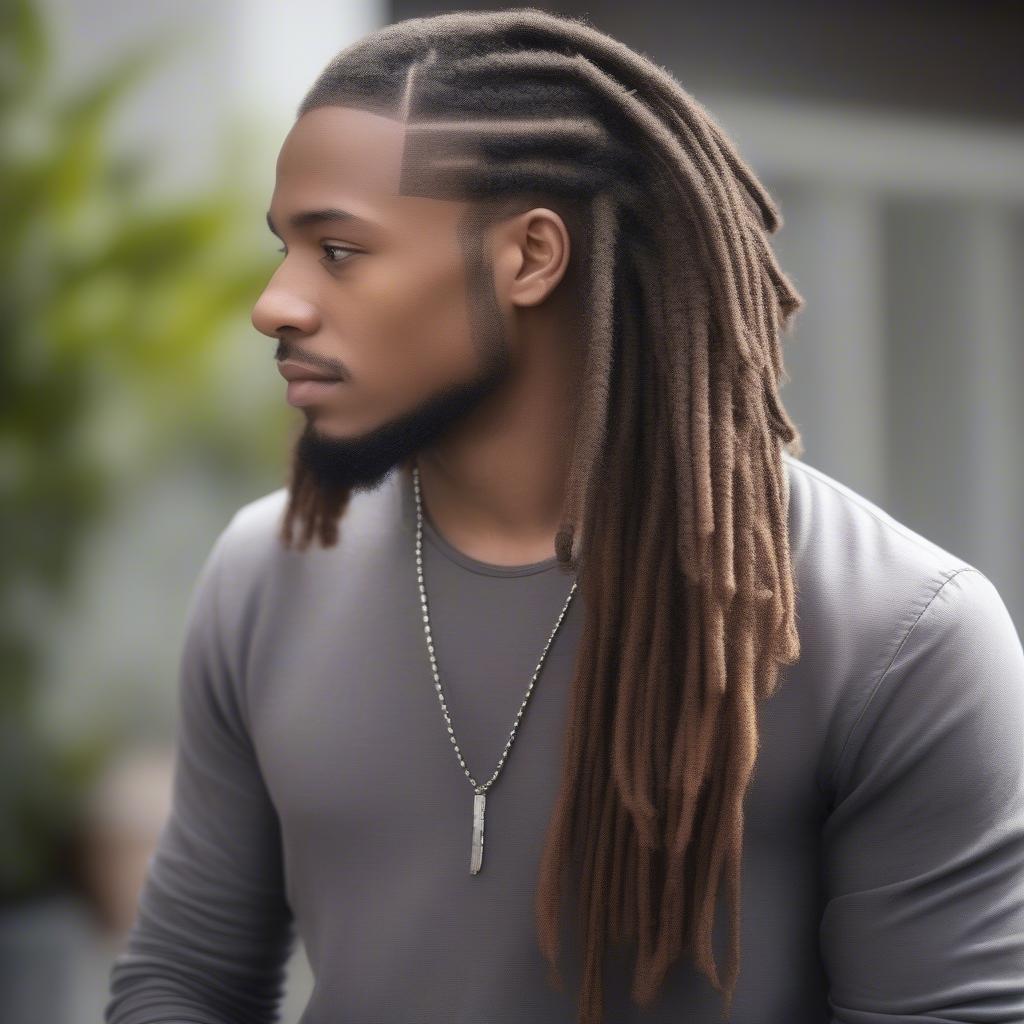 Maintained Basket Weave Hairstyle -  a man with a neat and well-maintained basket weave hairstyle, showcasing healthy, shiny dreadlocks.