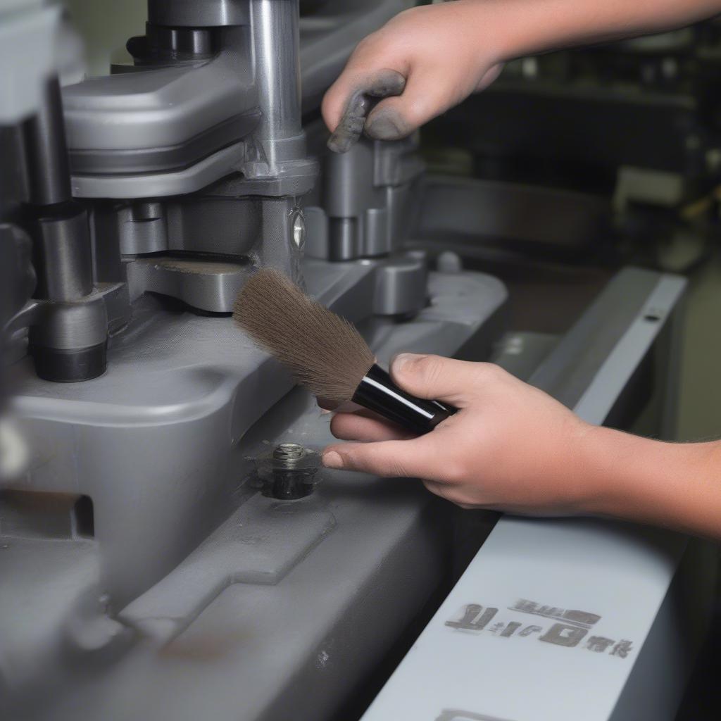 Close-up of hands performing maintenance on a PP woven bag top hemming machine, showing cleaning and lubrication.