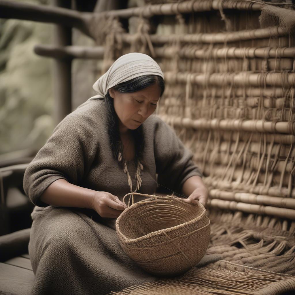 Makah woman demonstrating traditional basket weaving techniques