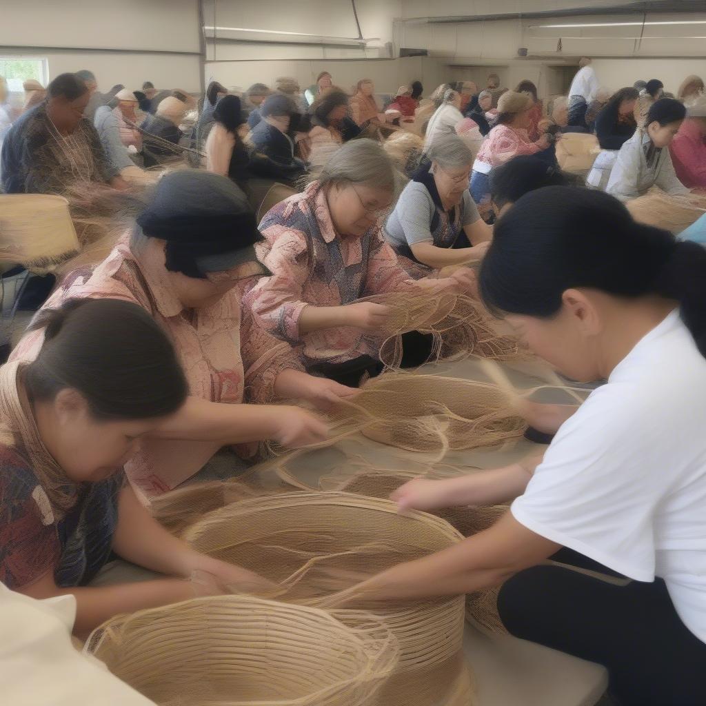 Participants engaged in a Makah basket weaving workshop