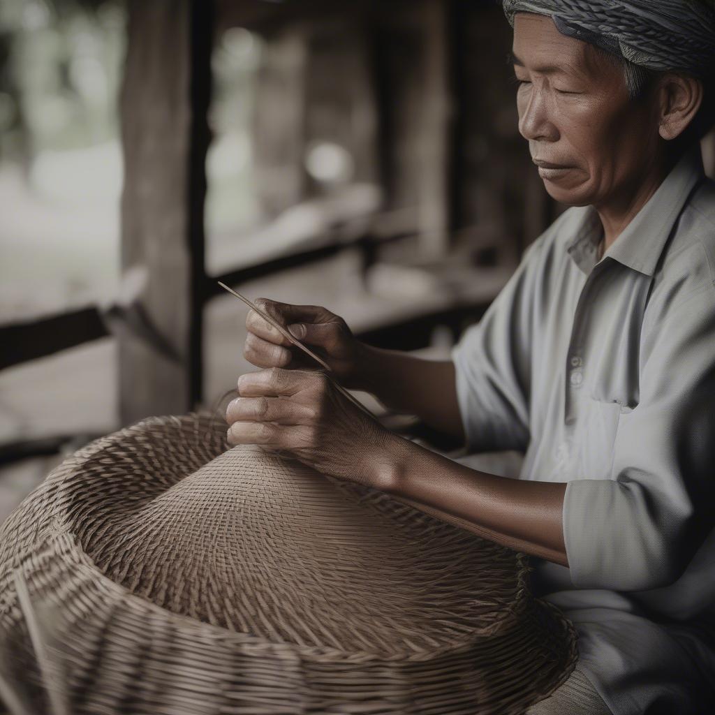 Malaysian Basket Weaver Creating a Traditional Basket