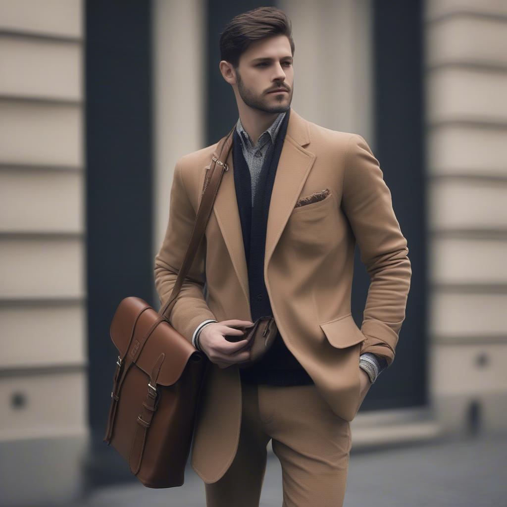 A man stylishly carrying an intrecciato woven messenger bag