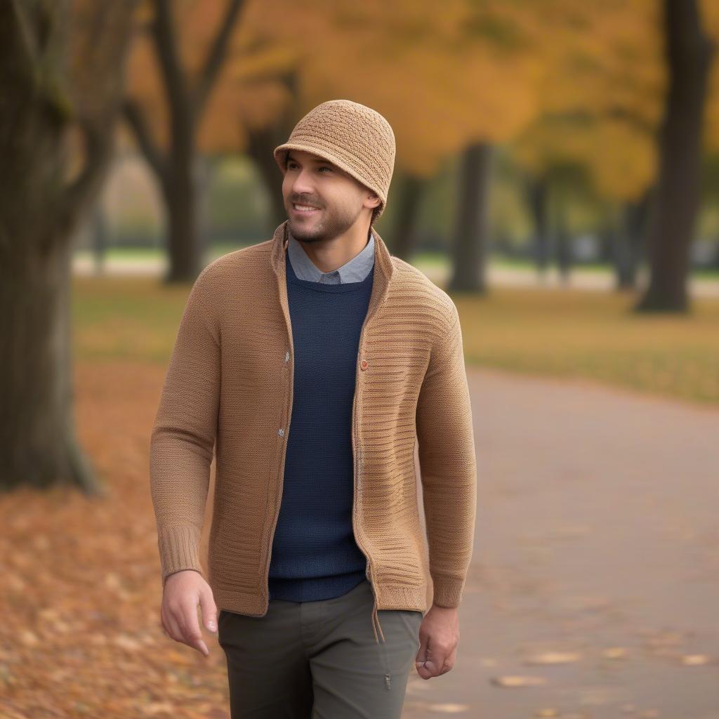 A man wearing a stylish mens basket weave crochet hat in an outdoor setting.