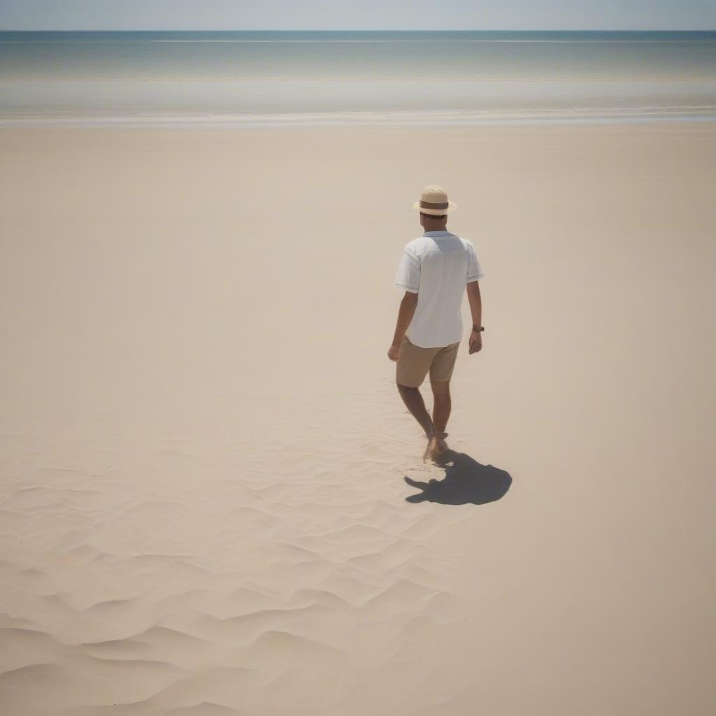 Man wearing basket weave sandals while walking on a sunny beach.