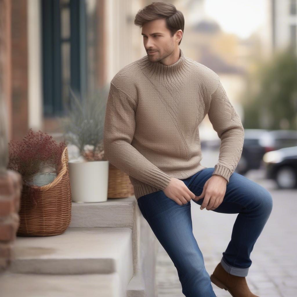 A man stylishly wearing a crochet basket weave sweater paired with jeans and boots