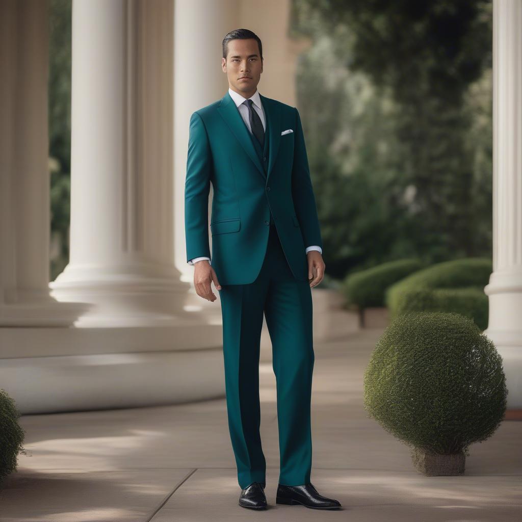 A man wearing a dark teal basket weave suit in a formal setting