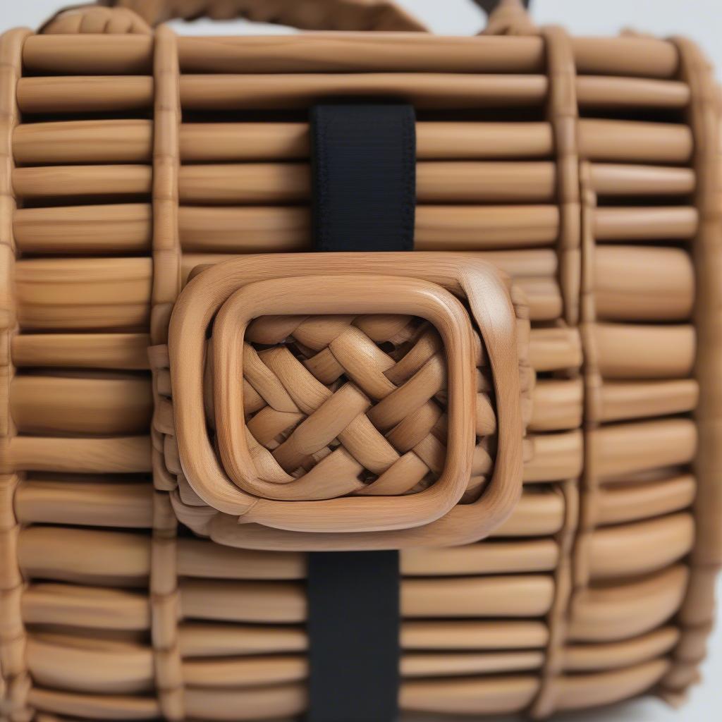 Close-up of a mango wood cross body bag with a woven strap showcasing the intricate details and natural texture.