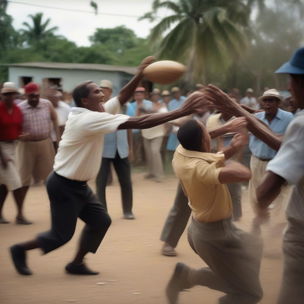 Cuban players engaged in a Mano de Cesto game, demonstrating throwing and catching techniques with the basket weave glove.