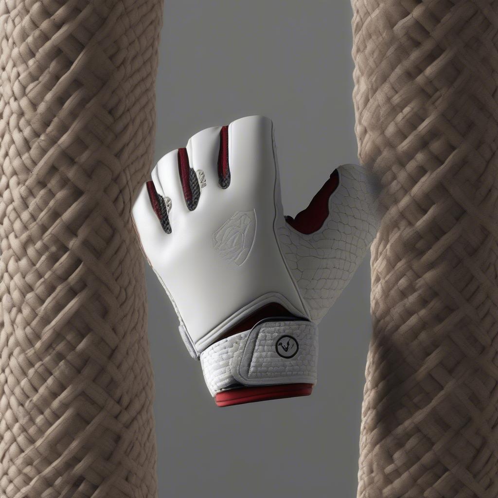 Close-up view of the Mano de Cesto glove holding the bola, emphasizing the grip and control provided by the basket weave design.