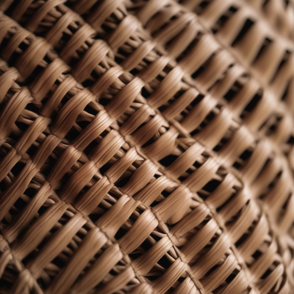 Close-up view of a Mano de Cesto glove, showcasing its intricate basket weave pattern and natural fiber construction.