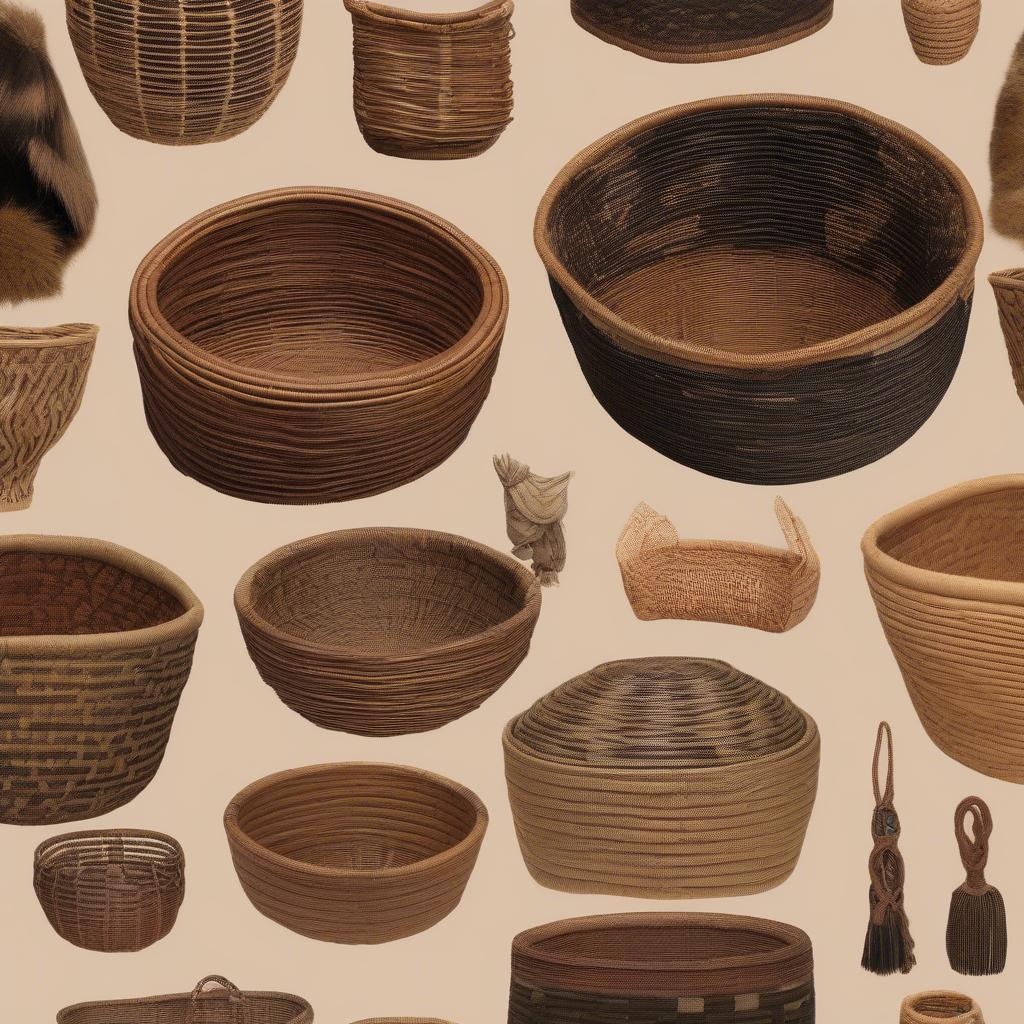 Variety of Maori baskets made with kiekie, pingao, and raupo