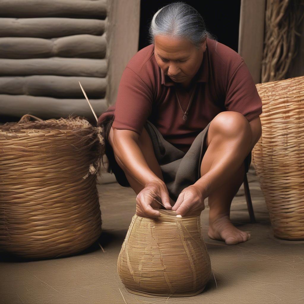 Maori weaver creating a kete