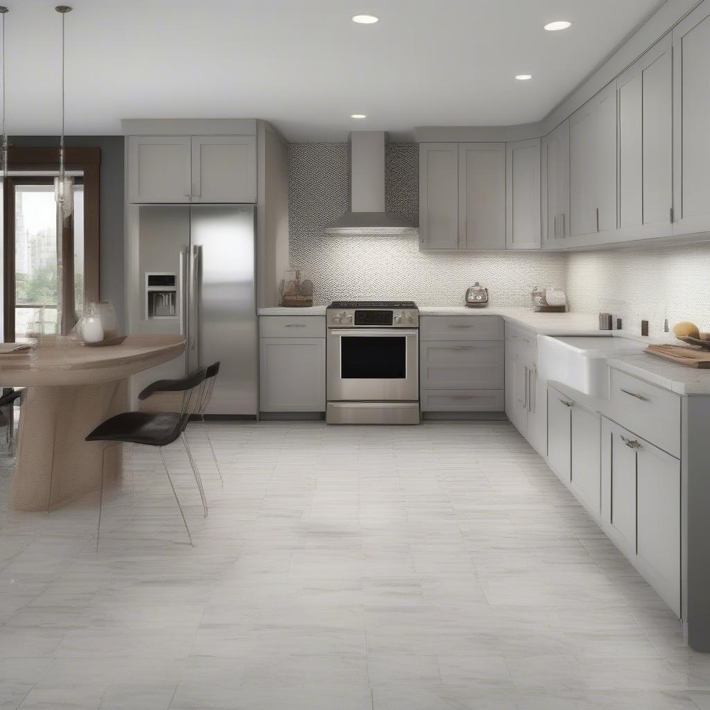 Marble-look porcelain basket weave tile used as a kitchen backsplash